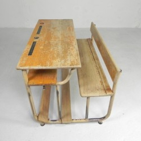 Image 1 of Industrial 2 person school desk - 1950s