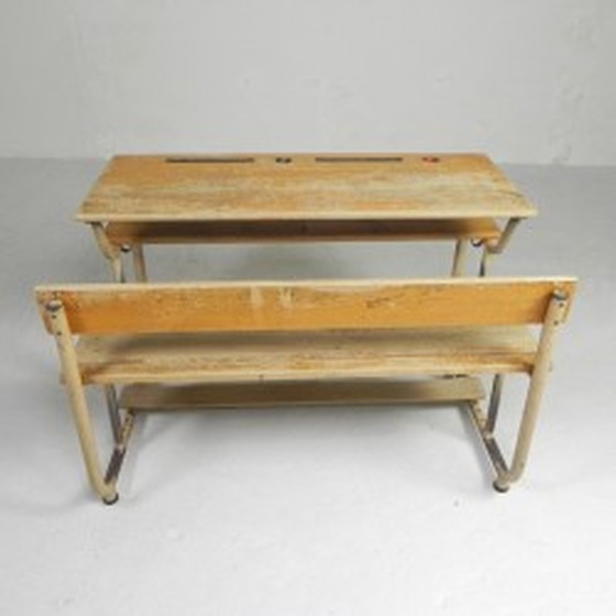 Image 1 of Industrial 2 person school desk - 1950s