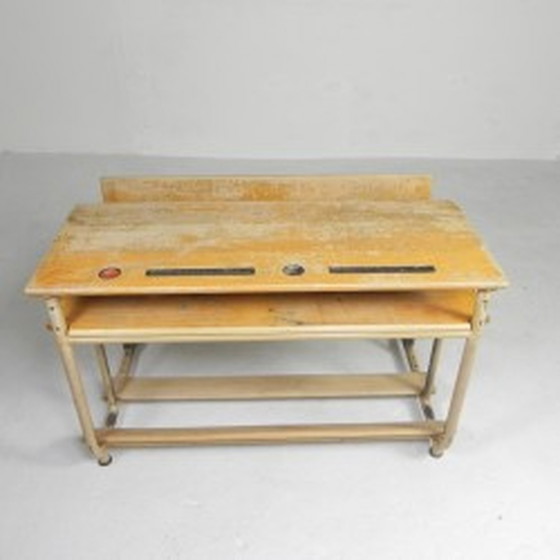 Image 1 of Industrial 2 person school desk - 1950s