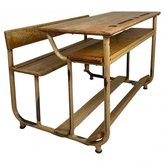 Image 1 of Industrial 2 person school desk - 1950s