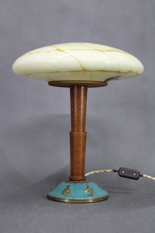 1940S Restored Wooden Table Lamp With Brass Base And Glass Shade