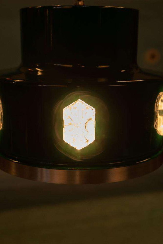 Image 1 of Lampada a sospensione verde dal design vintage in vetro e metallo, stile scandinavo