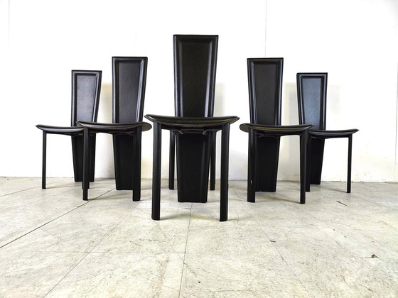 Image 1 of 6x Vintage black leather dining chairs