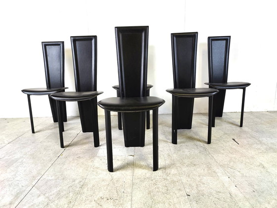 Image 1 of 6x Vintage black leather dining chairs