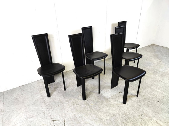 Image 1 of 6x Vintage black leather dining chairs