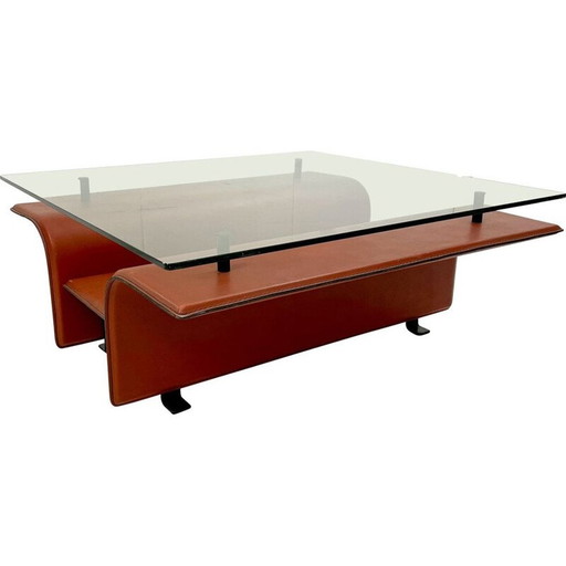Vintage coffee table in leather and glass, Italy 1980