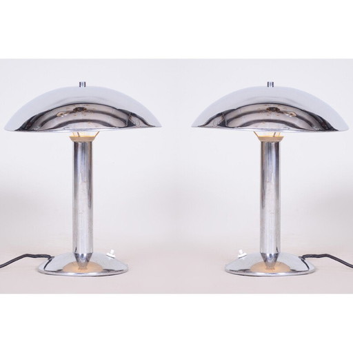 Coppia di lampade da tavolo vintage Art Déco in acciaio cromato, Repubblica Ceca, anni '30