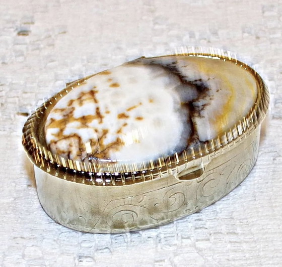 Image 1 of Charming Small Pill Box. Gilded Metal And Stone Box