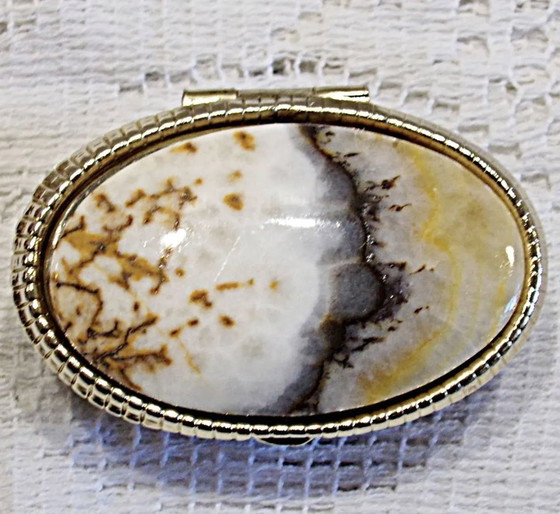 Image 1 of Charming Small Pill Box. Gilded Metal And Stone Box