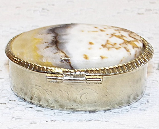 Image 1 of Charming Small Pill Box. Gilded Metal And Stone Box