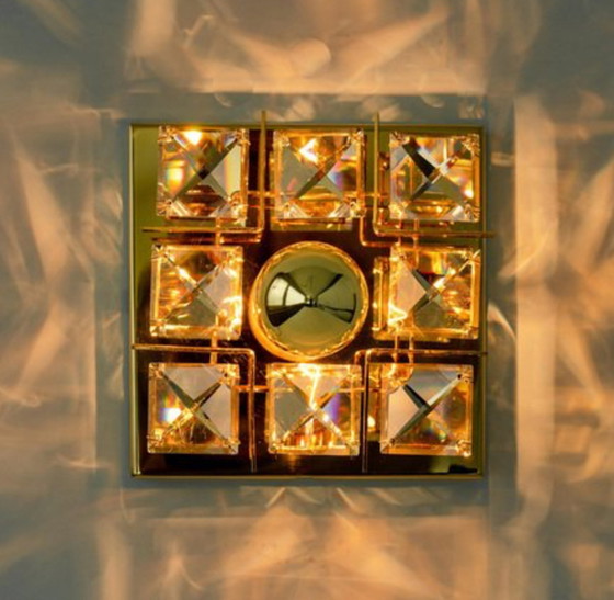 Image 1 of 2x Palwa wall lamps brass & crystal glass in flower shape