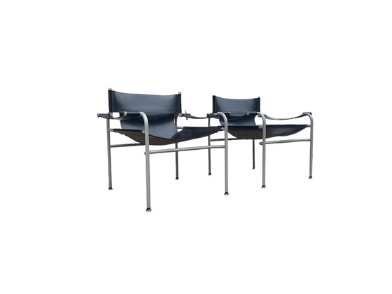 Image 1 of Set Va 2 Rigid Leather Lounge Armchairs By Walter Antonis For 'T Spectrum