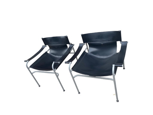 Set Va 2 Rigid Leather Lounge Armchairs By Walter Antonis For 'T Spectrum