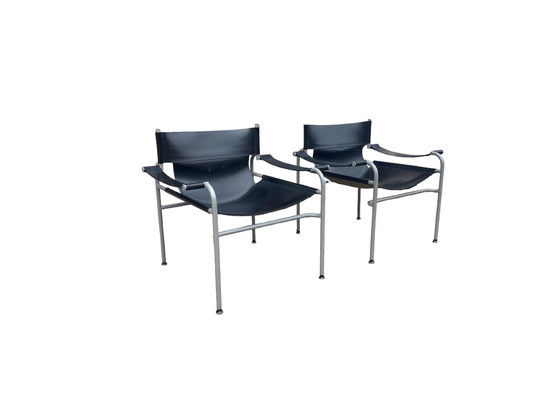 Image 1 of Set Va 2 Rigid Leather Lounge Armchairs By Walter Antonis For 'T Spectrum