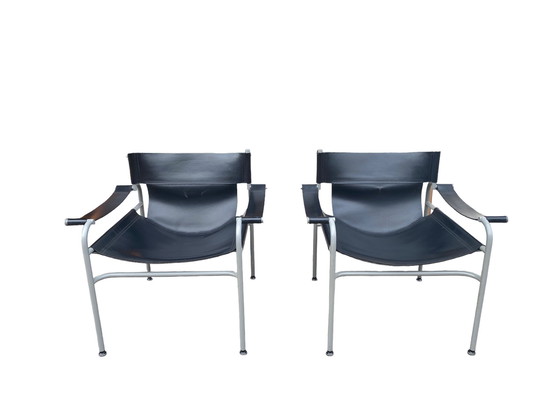 Image 1 of Set Va 2 Rigid Leather Lounge Armchairs By Walter Antonis For 'T Spectrum