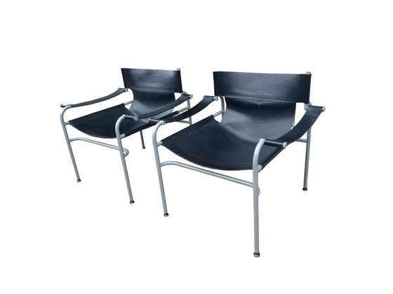 Image 1 of Set Va 2 Rigid Leather Lounge Armchairs By Walter Antonis For 'T Spectrum