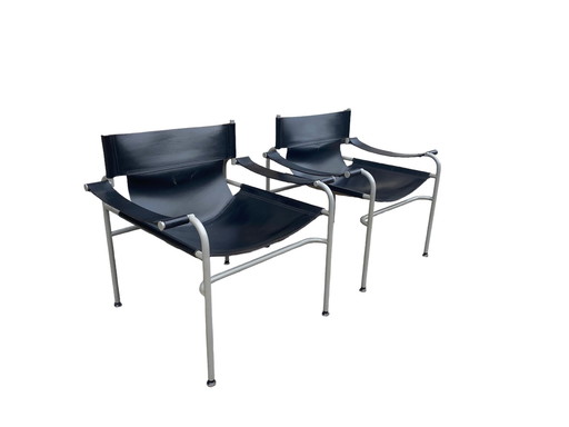 Set Va 2 Rigid Leather Lounge Armchairs By Walter Antonis For 'T Spectrum