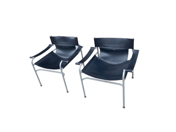 Image 1 of Set Va 2 Rigid Leather Lounge Armchairs By Walter Antonis For 'T Spectrum