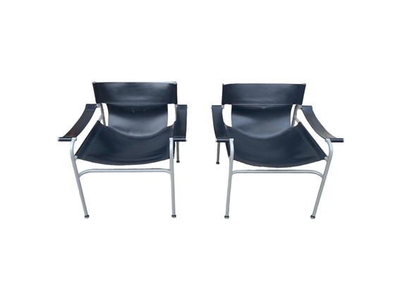 Image 1 of Set Va 2 Rigid Leather Lounge Armchairs By Walter Antonis For 'T Spectrum