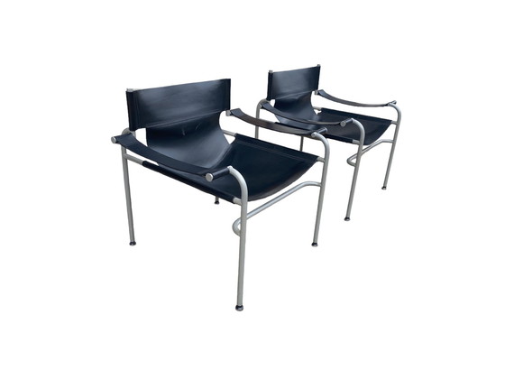 Image 1 of Set Va 2 Rigid Leather Lounge Armchairs By Walter Antonis For 'T Spectrum