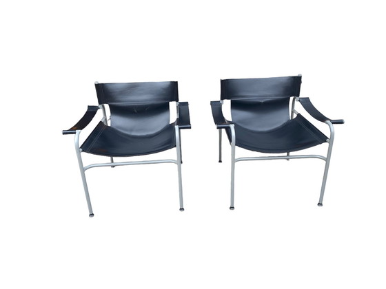 Image 1 of Set Va 2 Rigid Leather Lounge Armchairs By Walter Antonis For 'T Spectrum