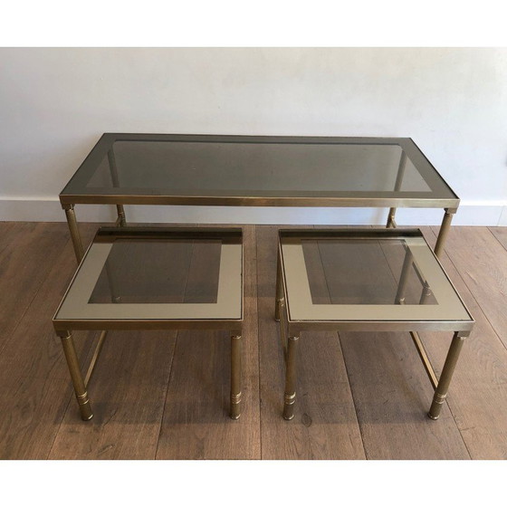 Image 1 of Vintage brass nesting tables with smoked glass, 1970