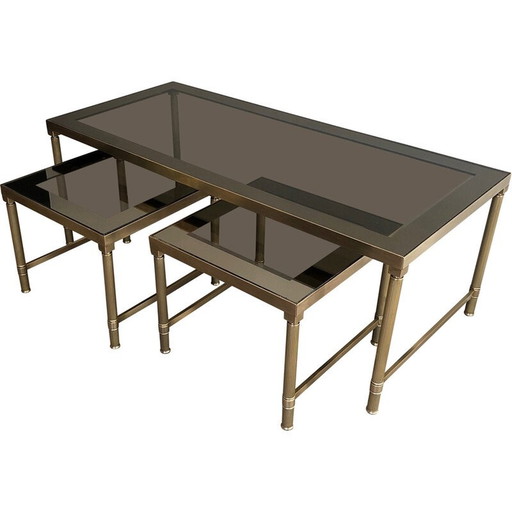 Vintage brass nesting tables with smoked glass, 1970