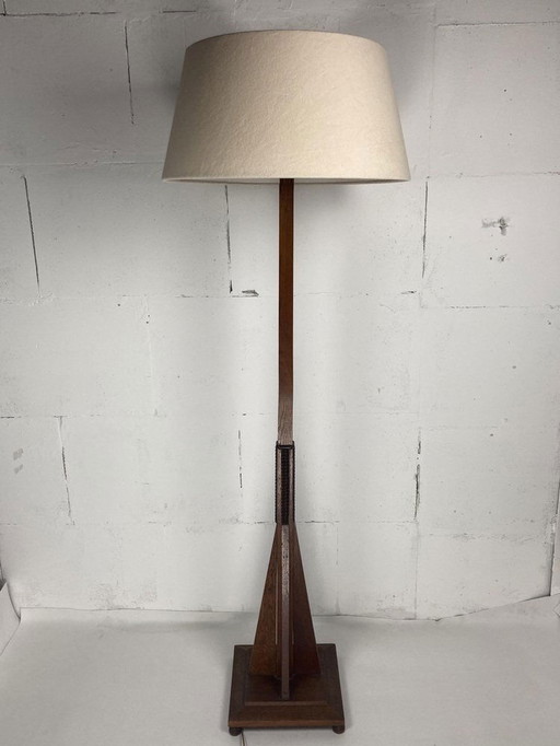 Dutch Art Deco Amsterdam School Floor Lamp With Bouclé Shade, 1930S