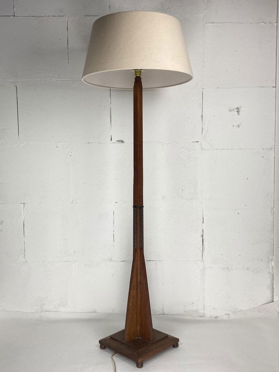 Image 1 of Dutch Art Deco Amsterdam School Floor Lamp With Bouclé Shade, 1930S