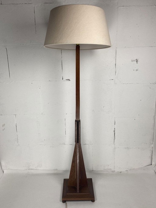 Dutch Art Deco Amsterdam School Floor Lamp With Bouclé Shade, 1930S