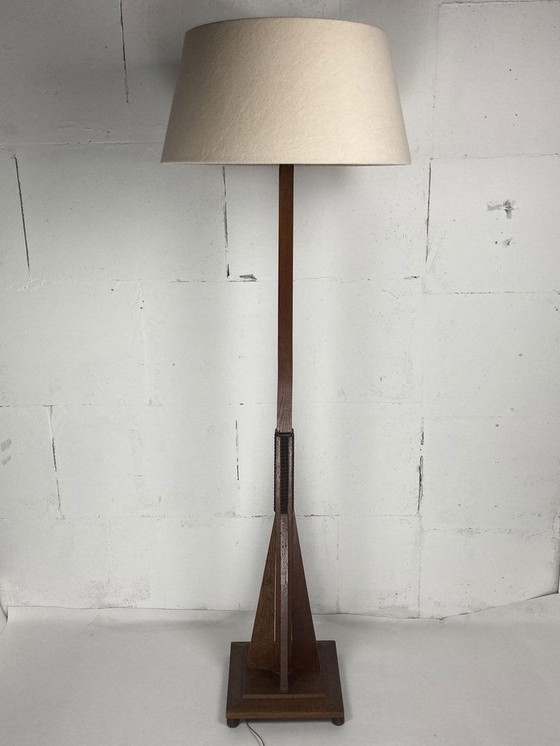 Image 1 of Dutch Art Deco Amsterdam School Floor Lamp With Bouclé Shade, 1930S