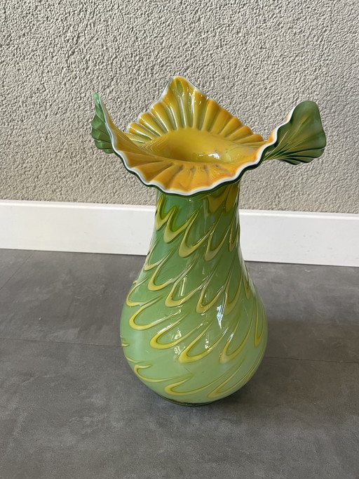 Goldan Talast Vase, Mouth Blown Glass, Green With Yellow