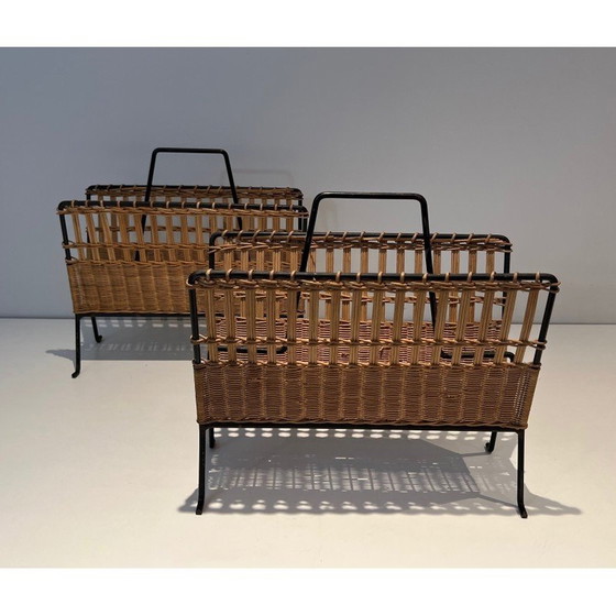 Image 1 of Pair of vintage lacquered metal and rattan magazine rack, France 1940
