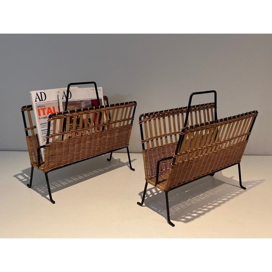 Image 1 of Pair of vintage lacquered metal and rattan magazine rack, France 1940