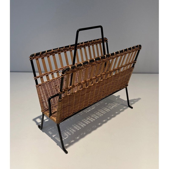 Image 1 of Pair of vintage lacquered metal and rattan magazine rack, France 1940