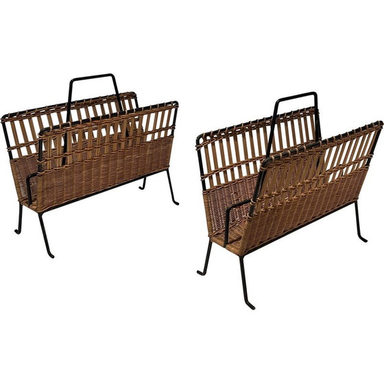 Image 1 of Pair of vintage lacquered metal and rattan magazine rack, France 1940