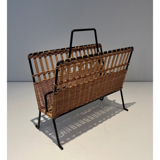 Image 1 of Pair of vintage lacquered metal and rattan magazine rack, France 1940