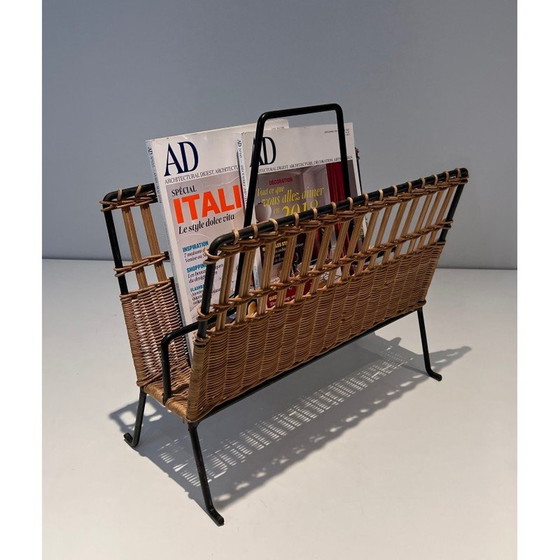 Image 1 of Pair of vintage lacquered metal and rattan magazine rack, France 1940