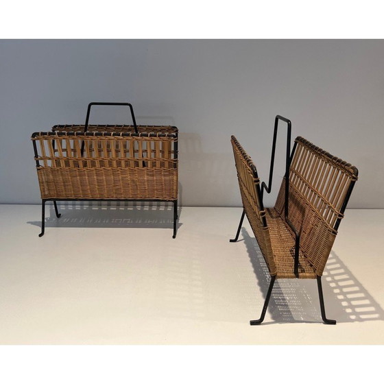 Image 1 of Pair of vintage lacquered metal and rattan magazine rack, France 1940