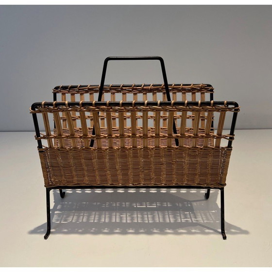 Image 1 of Pair of vintage lacquered metal and rattan magazine rack, France 1940