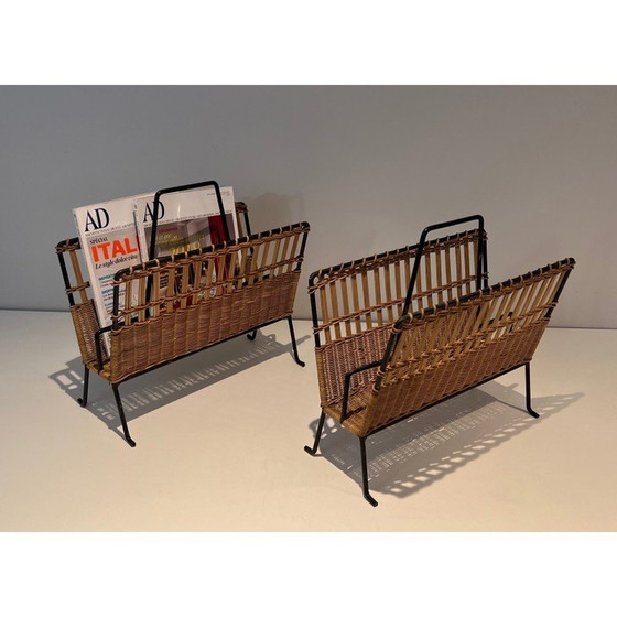 Image 1 of Pair of vintage lacquered metal and rattan magazine rack, France 1940