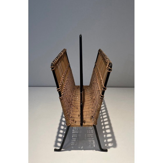 Image 1 of Pair of vintage lacquered metal and rattan magazine rack, France 1940