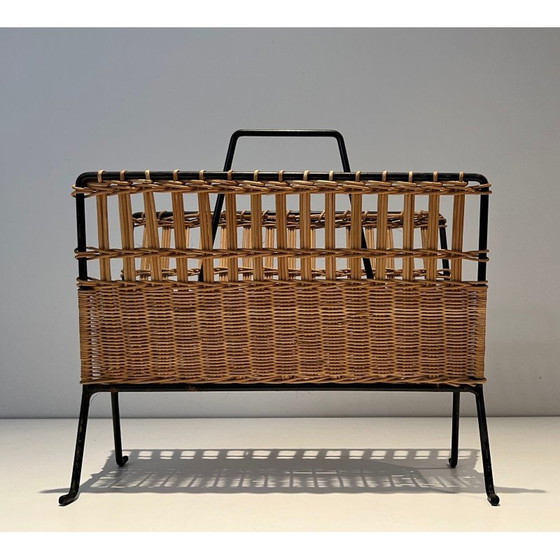 Image 1 of Pair of vintage lacquered metal and rattan magazine rack, France 1940