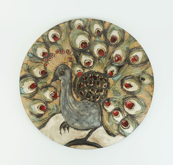 Image 1 of large mid century 14" ruscha WALL TILE peacock motif 1970s