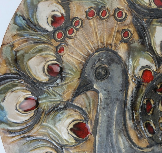 Image 1 of large mid century 14" ruscha WALL TILE peacock motif 1970s