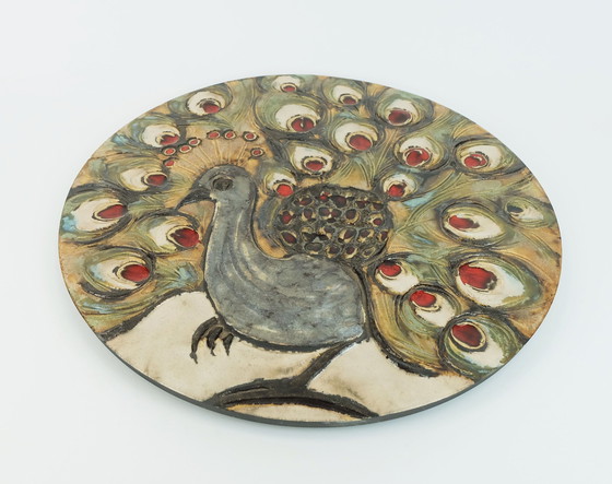 Image 1 of large mid century 14" ruscha WALL TILE peacock motif 1970s