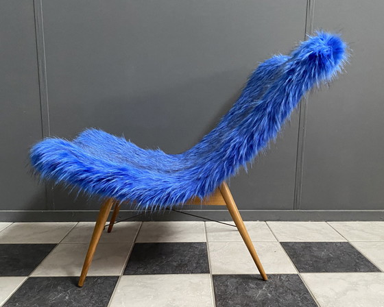 Image 1 of iconic Miroslav Navratil chair blue fluffy fabric for Český Nábytek 1960s