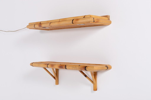 Pair Of Vintage Bamboo-Cane Wall Shelves