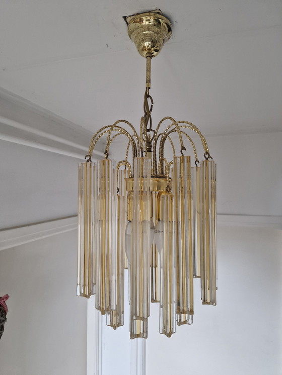 Image 1 of Lustre vintage en verre jaune/blanc