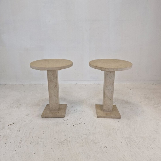 Image 1 of Pair of vintage Italian travertine pedestals, 1980s